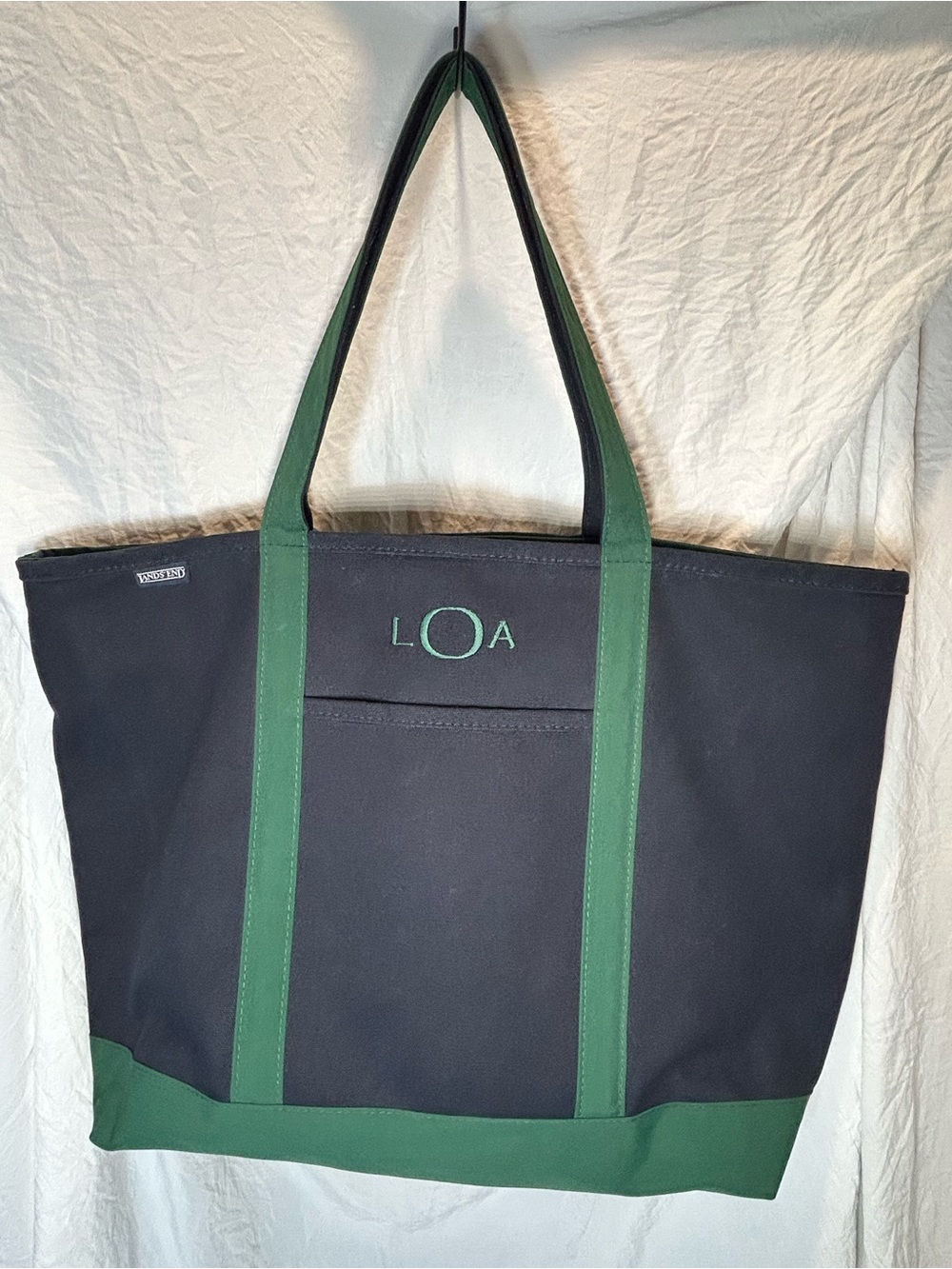 Lands' End Canvas Pocket Tote Bag Navy Blue & Green - Monogrammed "LOA" Size XL